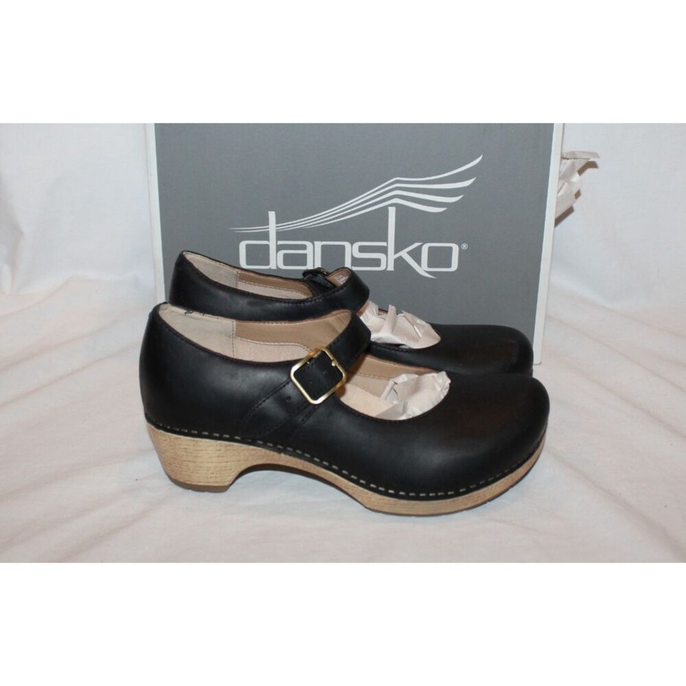 Dansko Lilah Oiled Leather Wool Heel Mary Jane Clogs Black EU 37 NEW